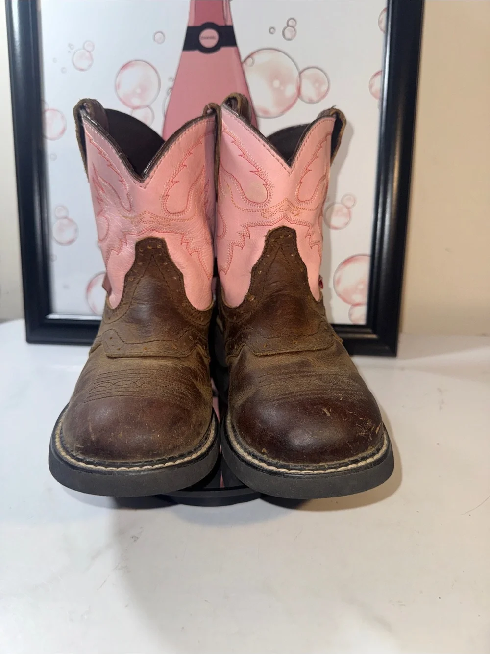 Justin Gypsy Girls Pink Shaft Brown Leather Western Cowboy Boots - Size 3D